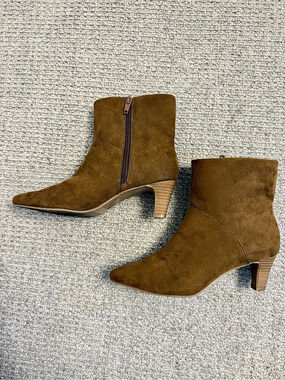 Faux Suede Pointed Toe Kitten Heel Booties Brown